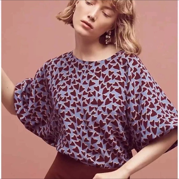 Maeve Tops - Maeve Blue Heart-Print Blouse with Maroon Hearts
